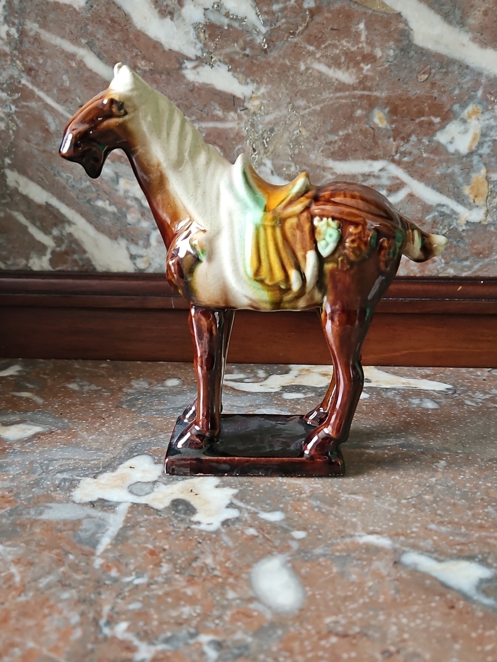 Chinese Sancai Glazed Tang Dynasty Style War Horse Flambe Drip Glaze Figurine